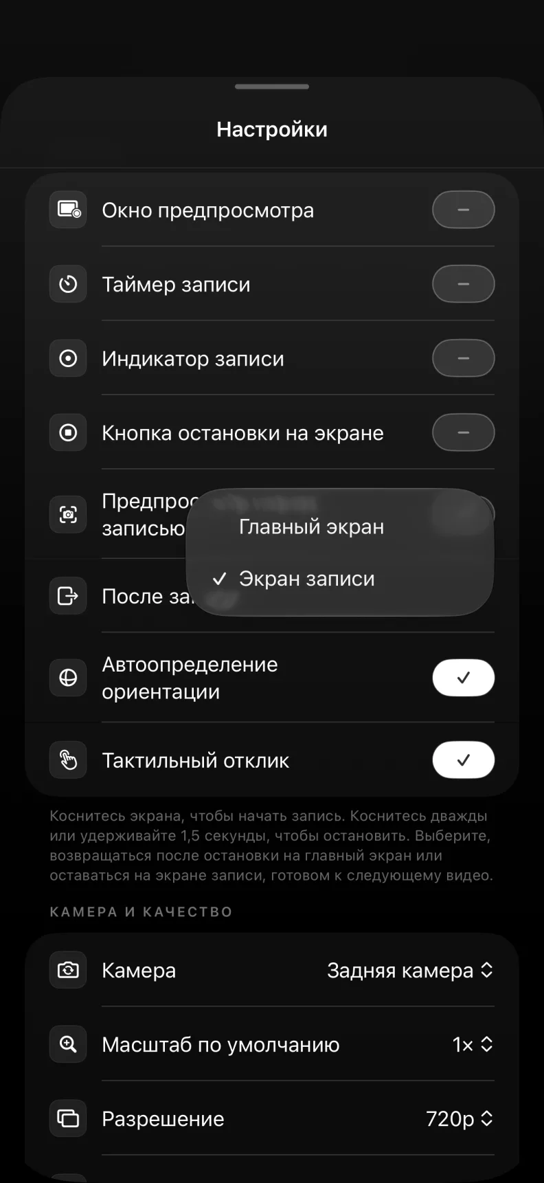 Экран настройки дополнительных элементов записи в BlackOut Camera